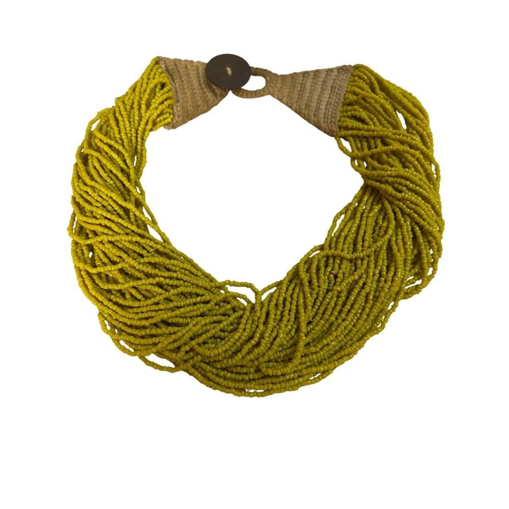VTG Naga Multi-Strand Seed Bead Necklace Chartreuse Mustard Yellow w Coin Clasp - Picture 4 of 4